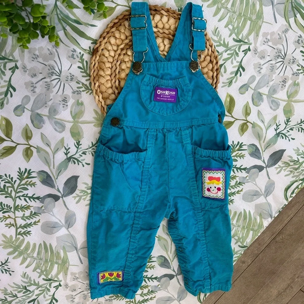 Vintage OshKosh Toddler girl Patchwork Textured Overalls Made USA Dolly Flower